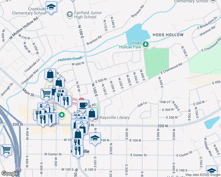map of restaurants, bars, coffee shops, grocery stores, and more near 410 North 150 East in Kaysville
