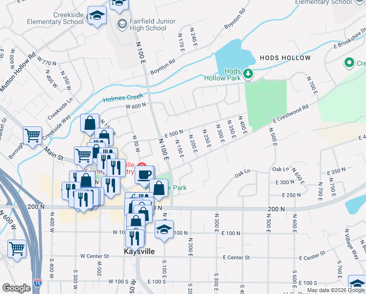 map of restaurants, bars, coffee shops, grocery stores, and more near 410 North 150 East in Kaysville