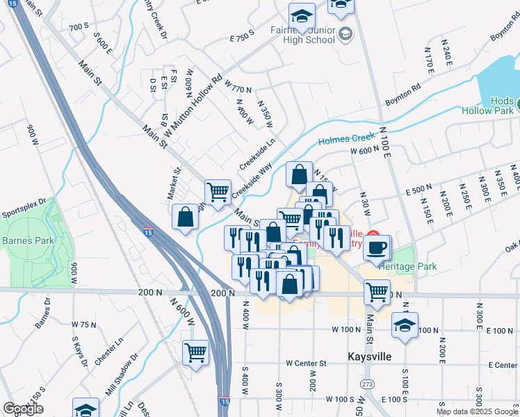 map of restaurants, bars, coffee shops, grocery stores, and more near 400 North Main Street in Kaysville