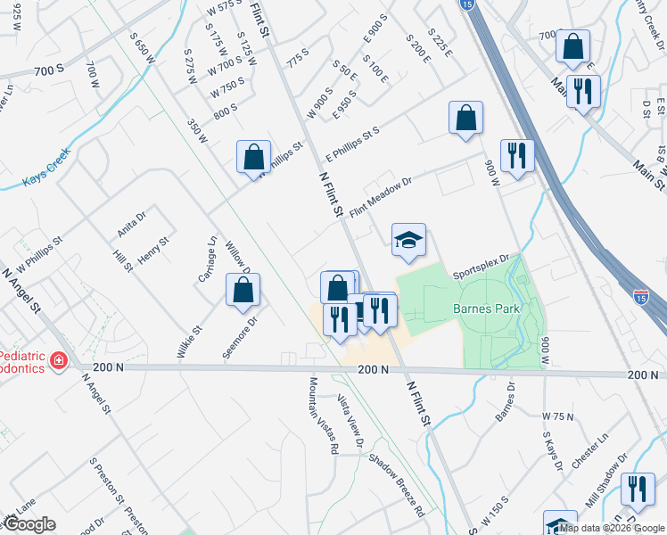 map of restaurants, bars, coffee shops, grocery stores, and more near 1477 North Flint Court in Kaysville