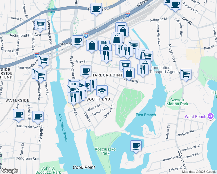 map of restaurants, bars, coffee shops, grocery stores, and more near 18 East Walnut Street in Stamford