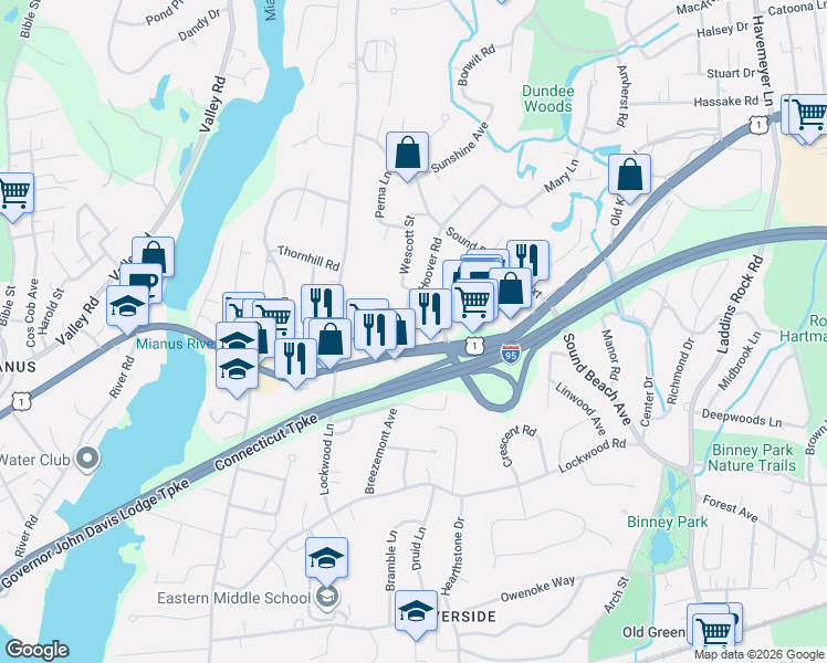 map of restaurants, bars, coffee shops, grocery stores, and more near 60 East Putnam Avenue in Greenwich