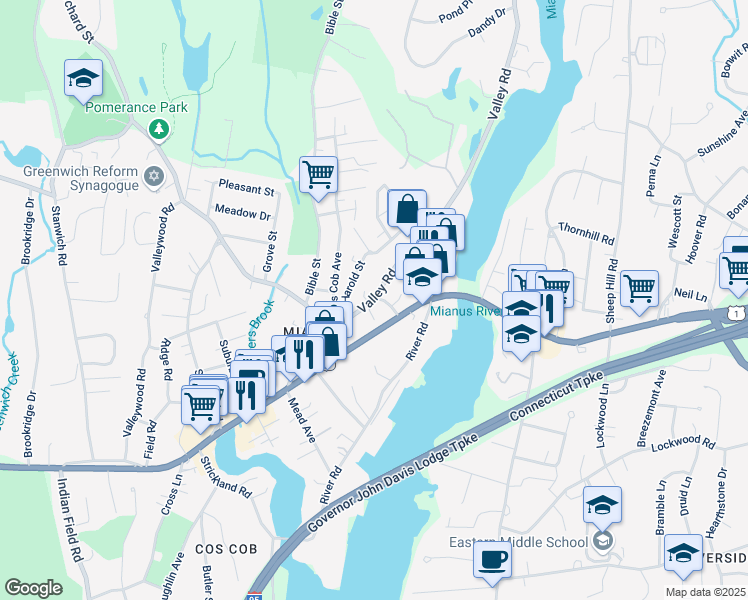 map of restaurants, bars, coffee shops, grocery stores, and more near 510 East Putnam Avenue in Greenwich