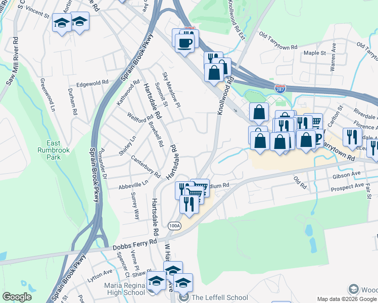map of restaurants, bars, coffee shops, grocery stores, and more near 24 Old Knollwood Road in White Plains