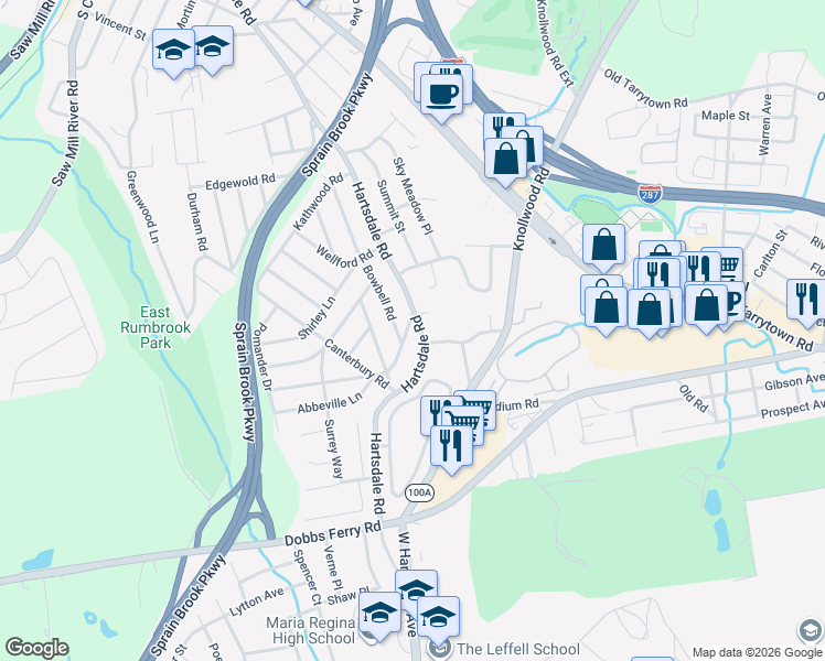 map of restaurants, bars, coffee shops, grocery stores, and more near 798 Hartsdale Road in White Plains