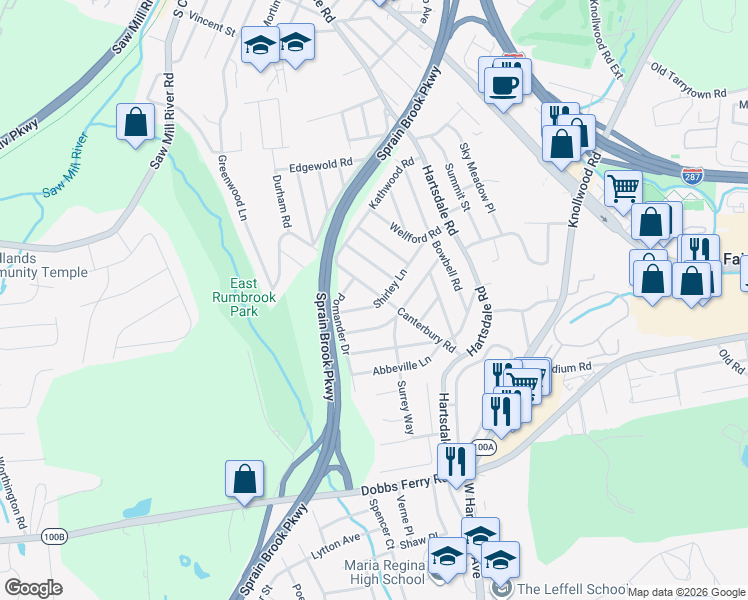 map of restaurants, bars, coffee shops, grocery stores, and more near 80 Barnwell Drive in White Plains