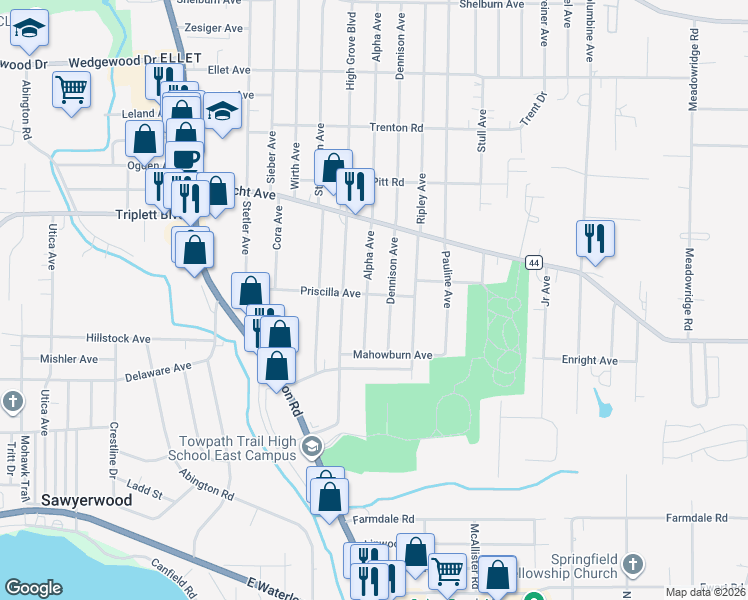 map of restaurants, bars, coffee shops, grocery stores, and more near 590 Dennison Avenue in Akron