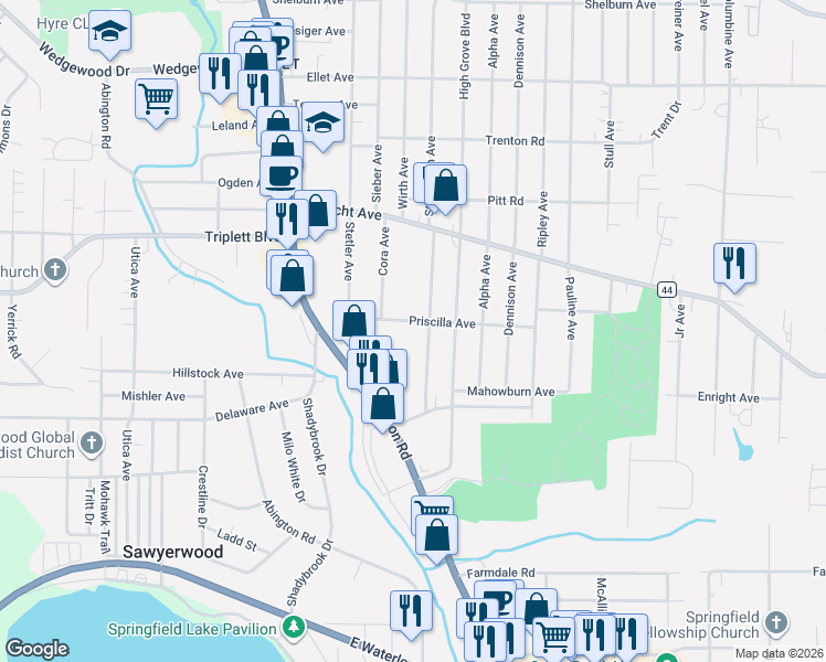 map of restaurants, bars, coffee shops, grocery stores, and more near 642 Stevenson Avenue in Akron