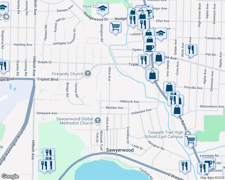 map of restaurants, bars, coffee shops, grocery stores, and more near 805 Utica Avenue in Akron