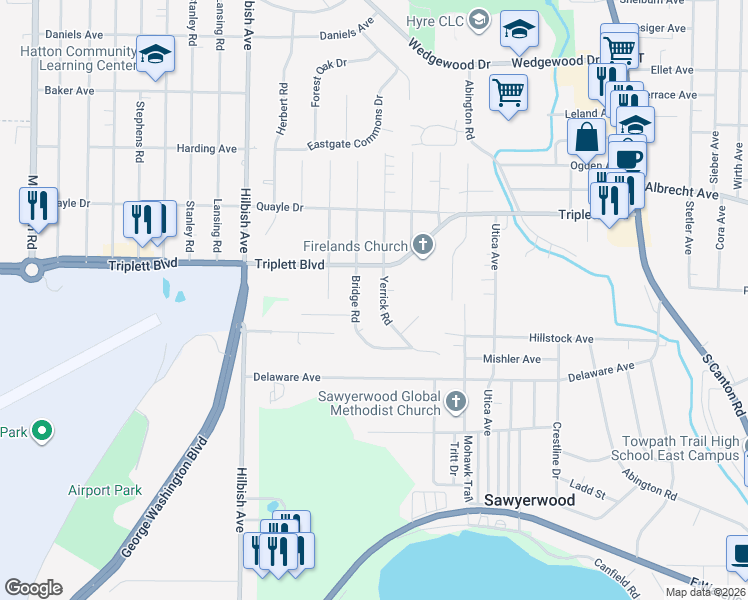 map of restaurants, bars, coffee shops, grocery stores, and more near 803 Bridge Road in Akron