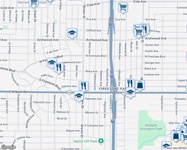map of restaurants, bars, coffee shops, grocery stores, and more near 1454 Oakwood Avenue in Akron