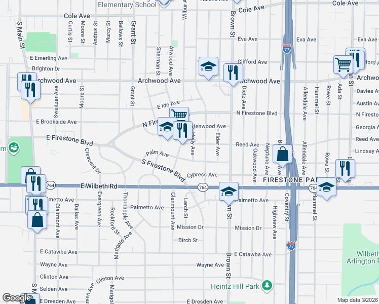 map of restaurants, bars, coffee shops, grocery stores, and more near 1525 Aster Avenue in Akron