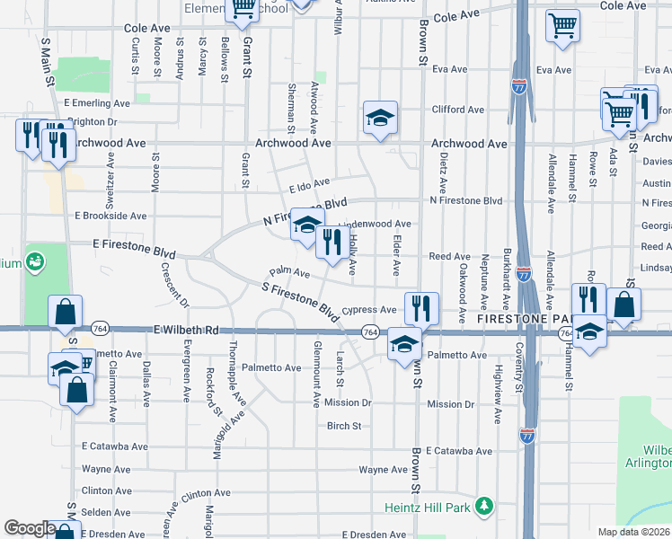 map of restaurants, bars, coffee shops, grocery stores, and more near 1525 Aster Avenue in Akron