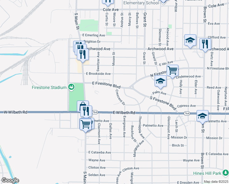 map of restaurants, bars, coffee shops, grocery stores, and more near 144 Crescent Drive in Akron