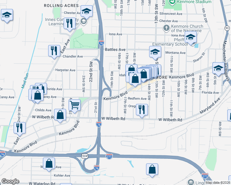 map of restaurants, bars, coffee shops, grocery stores, and more near 1098 Kenmore Boulevard in Akron