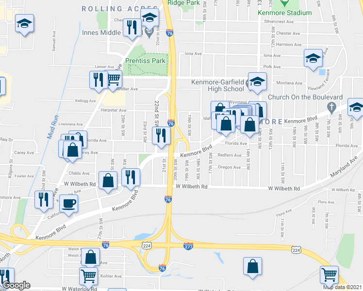 map of restaurants, bars, coffee shops, grocery stores, and more near in Akron
