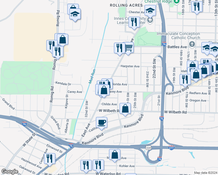 map of restaurants, bars, coffee shops, grocery stores, and more near 1274 Carey Avenue in Akron