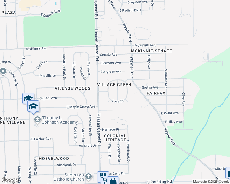 map of restaurants, bars, coffee shops, grocery stores, and more near 4737 Barrington Dr in Fort Wayne