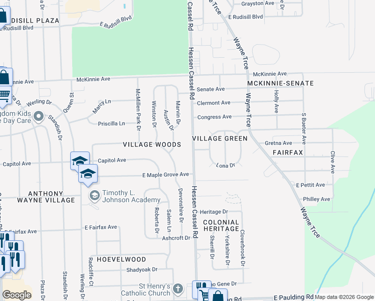 map of restaurants, bars, coffee shops, grocery stores, and more near 4706 Hessen Cassel Road in Fort Wayne