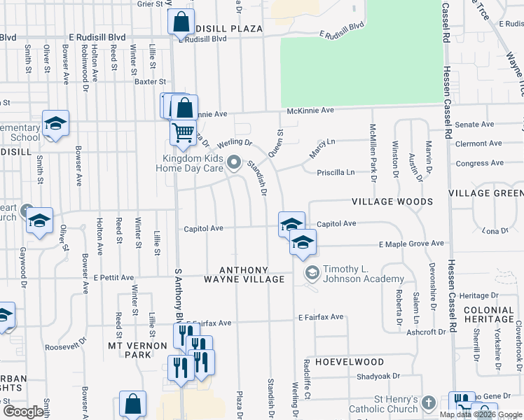 map of restaurants, bars, coffee shops, grocery stores, and more near 4515 South Colonial Avenue in Fort Wayne