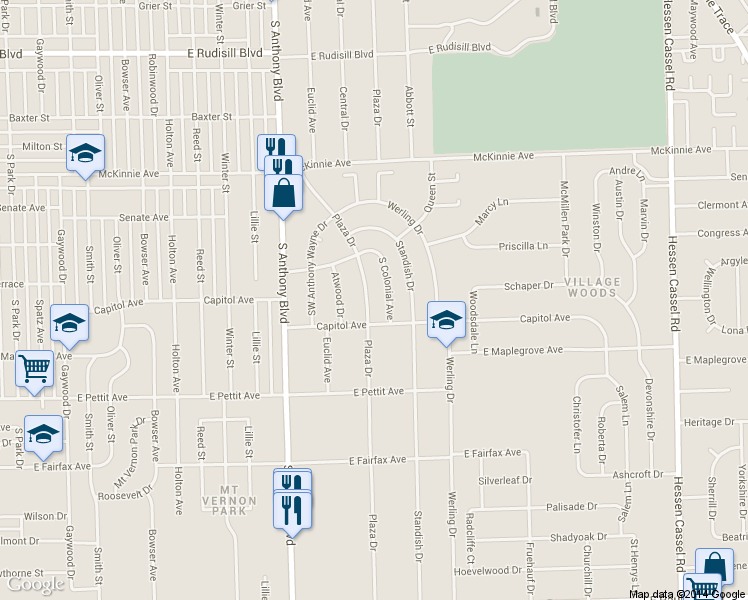 map of restaurants, bars, coffee shops, grocery stores, and more near 4514 Plaza Drive in Fort Wayne