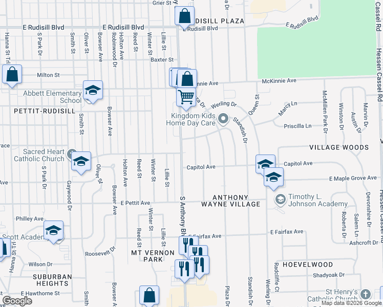 map of restaurants, bars, coffee shops, grocery stores, and more near 4715 South Anthony Boulevard in Fort Wayne