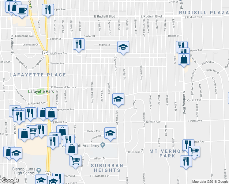 map of restaurants, bars, coffee shops, grocery stores, and more near 4633 Spatz Avenue in Fort Wayne