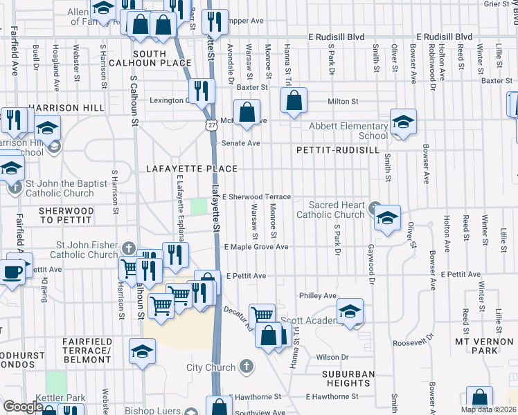 map of restaurants, bars, coffee shops, grocery stores, and more near 4641 Warsaw Street in Fort Wayne
