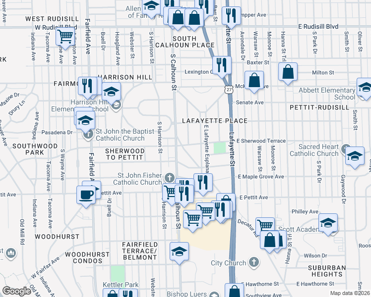 map of restaurants, bars, coffee shops, grocery stores, and more near 4637 Calumet Avenue in Fort Wayne