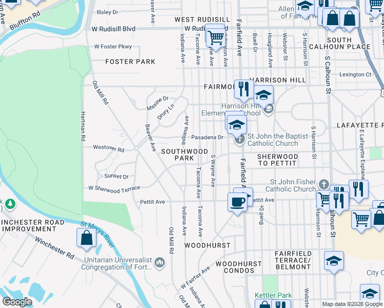 map of restaurants, bars, coffee shops, grocery stores, and more near 4623 Indiana Avenue in Fort Wayne