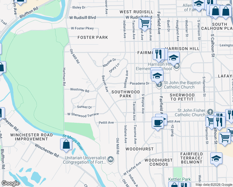map of restaurants, bars, coffee shops, grocery stores, and more near 4629 Beaver Ave in Fort Wayne