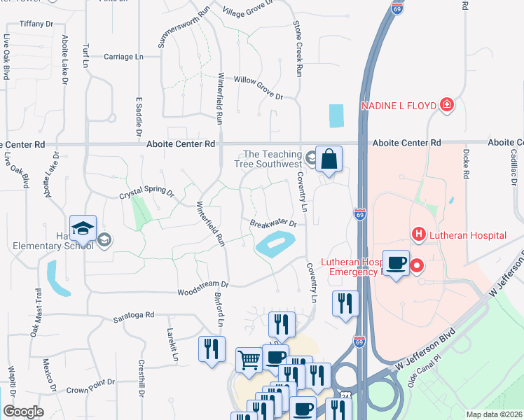 map of restaurants, bars, coffee shops, grocery stores, and more near 8824 Breakwater Drive in Fort Wayne