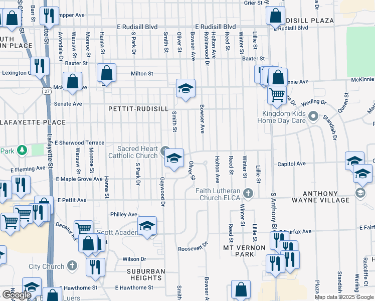 map of restaurants, bars, coffee shops, grocery stores, and more near 4711 Oliver Street in Fort Wayne