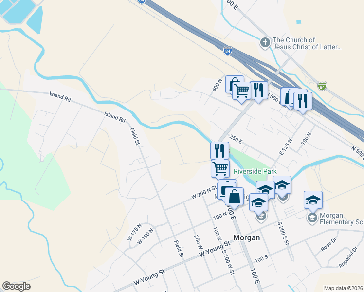 map of restaurants, bars, coffee shops, grocery stores, and more near 384 North 100 West in Morgan