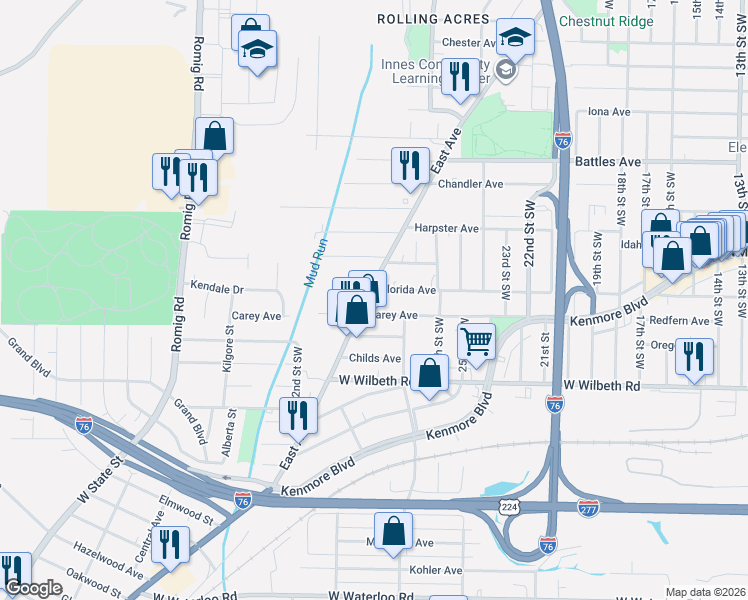 map of restaurants, bars, coffee shops, grocery stores, and more near 1274 Carey Avenue in Akron