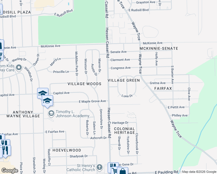 map of restaurants, bars, coffee shops, grocery stores, and more near 2116 Village Court Drive in Fort Wayne