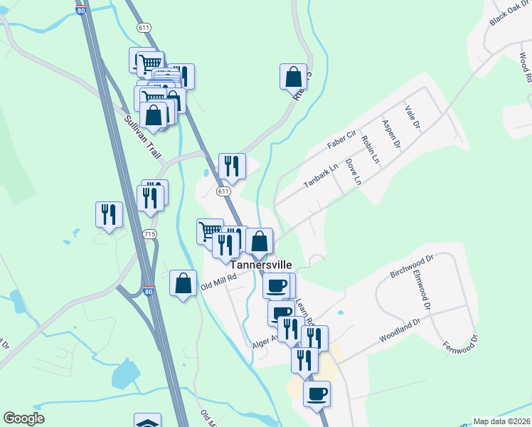 map of restaurants, bars, coffee shops, grocery stores, and more near 35 Faber Cir in Tannersville