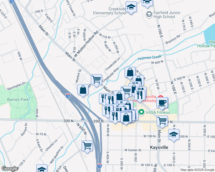 map of restaurants, bars, coffee shops, grocery stores, and more near 420 North Main Street in Kaysville