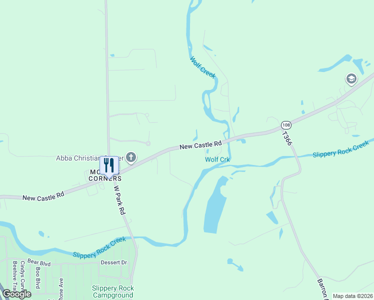 map of restaurants, bars, coffee shops, grocery stores, and more near 857 New Castle Road in Slippery Rock