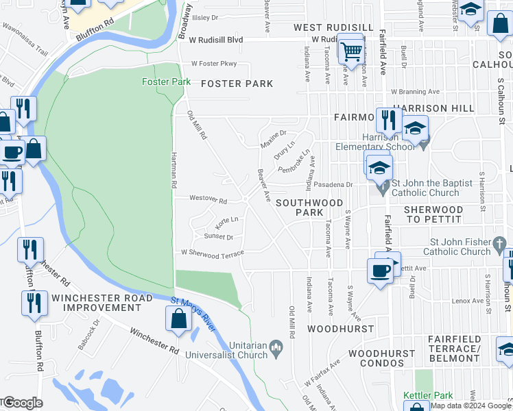 map of restaurants, bars, coffee shops, grocery stores, and more near 4617 Old Mill Road in Fort Wayne