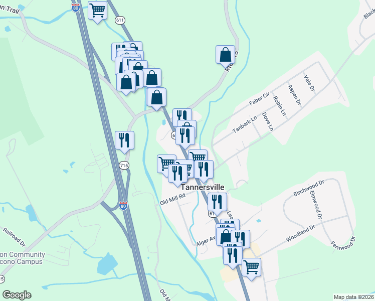 map of restaurants, bars, coffee shops, grocery stores, and more near 2820 Pennsylvania 611 in Tannersville
