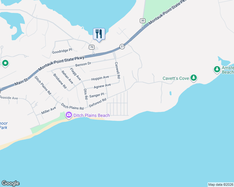 map of restaurants, bars, coffee shops, grocery stores, and more near 100 Deforest Road in Montauk