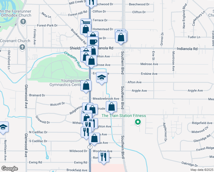 map of restaurants, bars, coffee shops, grocery stores, and more near 5555 Market Street in Youngstown
