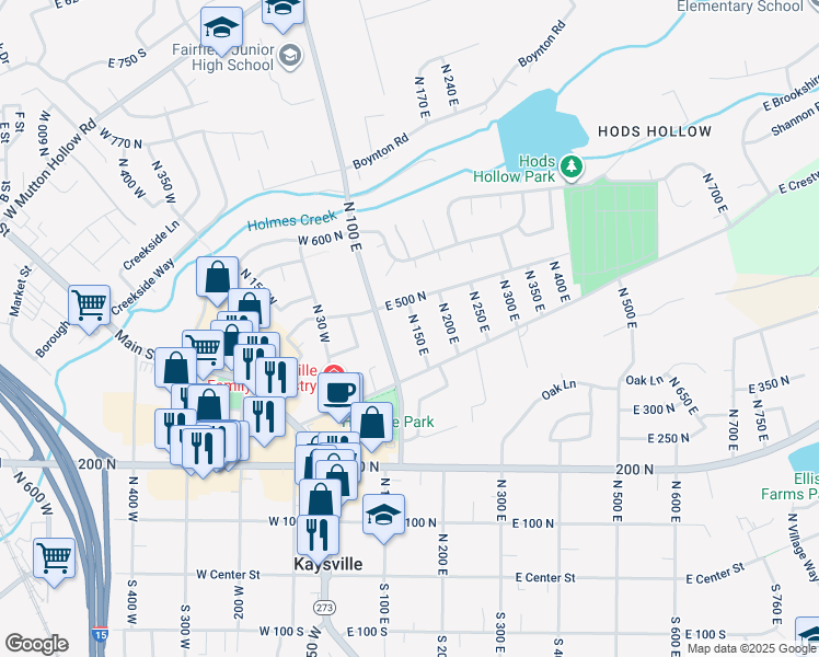 map of restaurants, bars, coffee shops, grocery stores, and more near 457 North 150 East in Kaysville