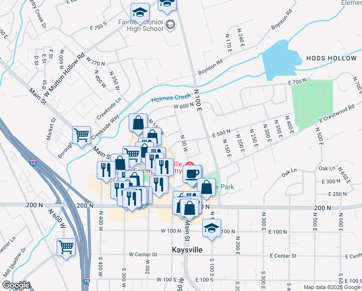 map of restaurants, bars, coffee shops, grocery stores, and more near 481 North 30 West in Kaysville