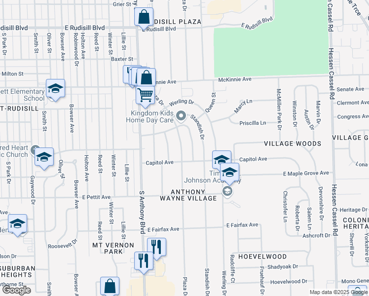 map of restaurants, bars, coffee shops, grocery stores, and more near 4505 Plaza Drive in Fort Wayne