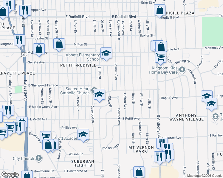 map of restaurants, bars, coffee shops, grocery stores, and more near 1207 Capitol Avenue in Fort Wayne