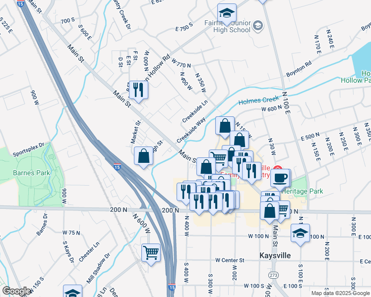 map of restaurants, bars, coffee shops, grocery stores, and more near 125 Cottage Way in Layton