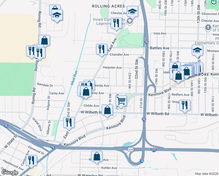 map of restaurants, bars, coffee shops, grocery stores, and more near 1188 Carey Avenue in Akron