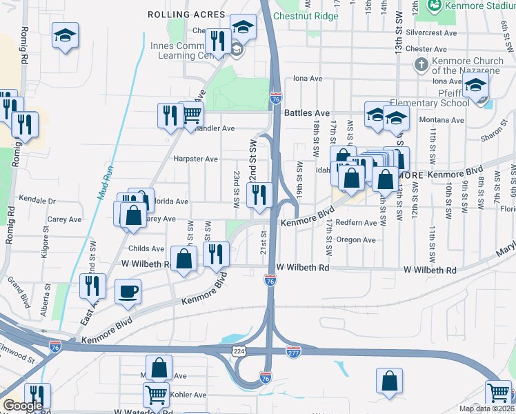map of restaurants, bars, coffee shops, grocery stores, and more near 1082 Florida Avenue in Akron